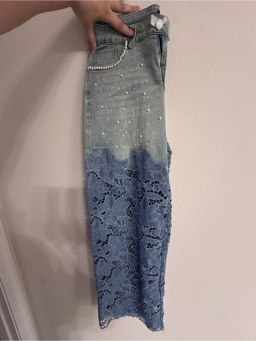 NINA ROSSI Light Blue Denim Wide Leg Jeans with Lace Panel & Pearl Trim